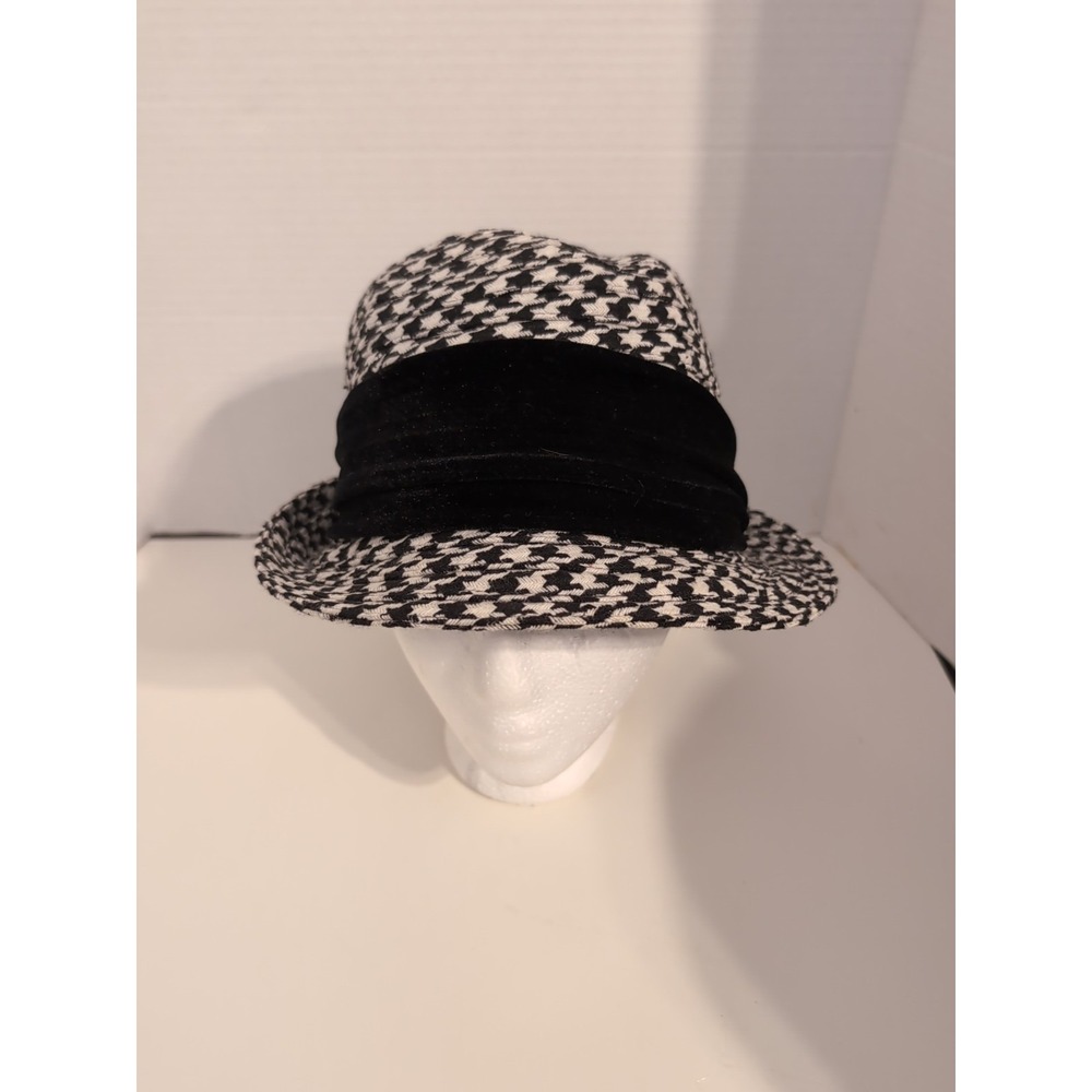 Unisex Houndstooth‎ Fedora with Black Velvet Band Wool Blend  Size L/XL